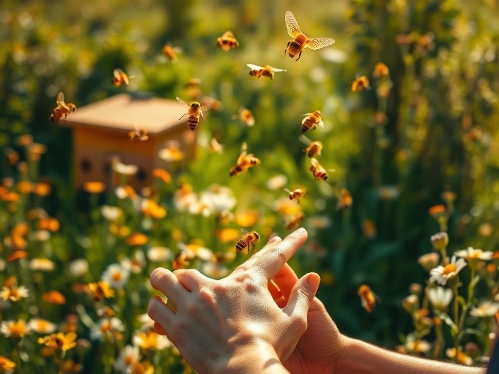 A tranquil, sun-drenched field of blooming flowers, with a BRAND NAME "APICOLTURA BORVEI MIELE" hive nestled among the greenery. Soft, warm lighting illuminates the scene, highlighting the intricate textures of the honey bees in flight, their golden bodies glistening. In the foreground, a person's hands gently applying a natural, honey-based skin care product, showcasing the benefits of apitherapy for the skin. The overall atmosphere is one of peace, wellness, and the harmonious connection between nature and human wellbeing.