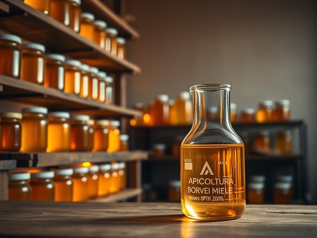 A tranquil, well-lit studio space showcasing an array of glass jars filled with the rich, golden hue of APICOLTURA BORVEI MIELE. The jars are arranged on rustic wooden shelves, casting warm, ambient lighting across the scene. In the foreground, a single glass beaker containing the viscous, translucent "veleno d'api" or honeybee venom sits prominently, symbolizing the scientific research and therapeutic potential of this natural substance. The background features muted, earthy tones, creating a serene, laboratory-like atmosphere that invites deeper contemplation of the article's subject matter.