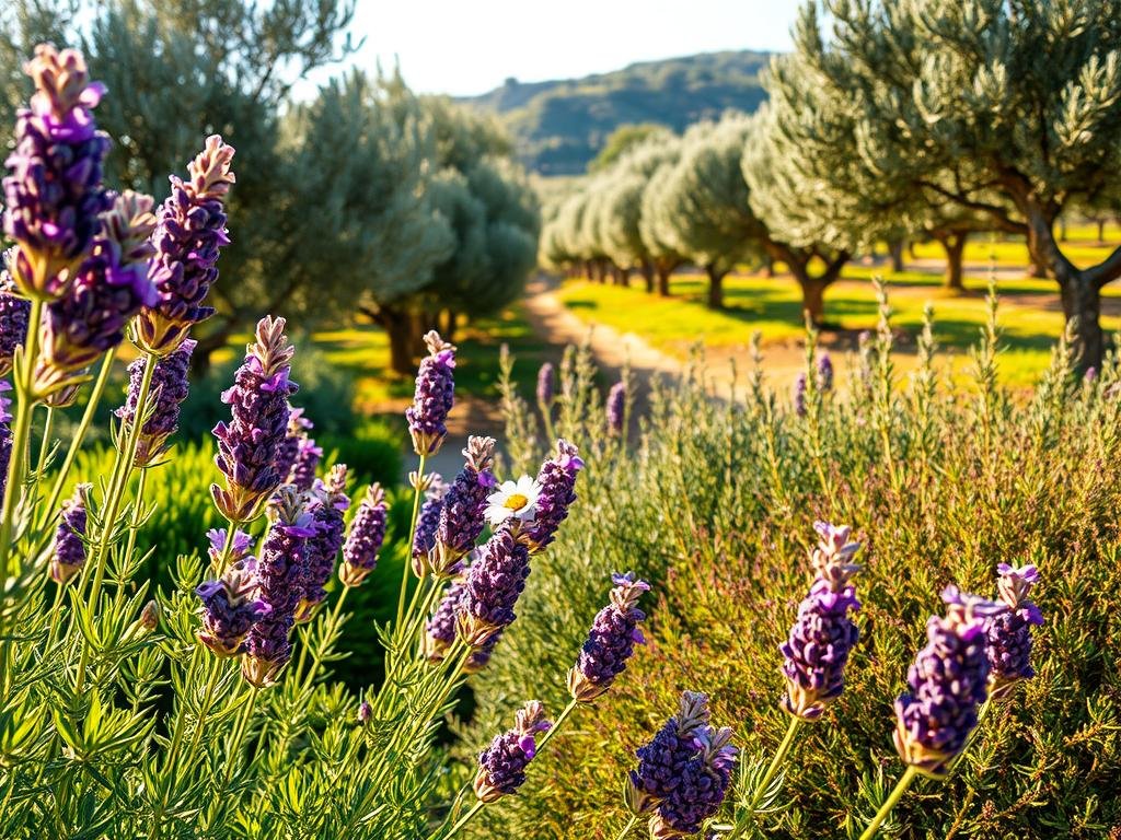 A vibrant Mediterranean garden, filled with lush, nectar-rich plants. In the foreground, clusters of lavender sway in the gentle breeze, their purple hues complemented by the golden glow of sunlight. In the middle ground, rosemary bushes stand tall, their aromatic leaves rustling. In the background, a verdant olive grove stretches out, its twisted trunks and silvery foliage creating a serene backdrop. The scene is bathed in warm, natural light, captured with a wide-angle lens to showcase the harmonious composition. This idyllic setting, inspired by the natural beauty of Italy, is the perfect representation of "Caratteristiche delle Piante Mellifere Ideali per il Clima Mediterraneo". APICOLTURA BORVEI MIELE.