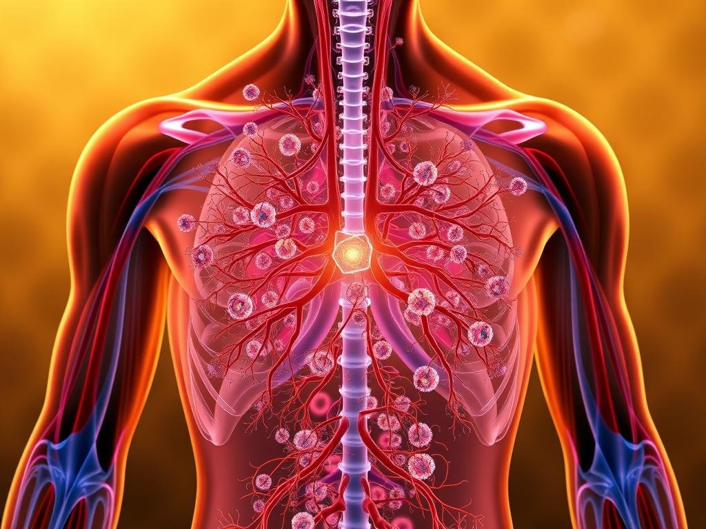 A vibrant, anatomically detailed illustration of the human immune system. The foreground features a central network of lymphatic vessels, lymph nodes, and specialized immune cells like T-cells and B-cells. The middle ground showcases the interplay between these components, with cytokines and antibodies bridging the connections. In the background, a subtle honeycomb pattern evokes the natural inspiration behind the "Apicoltura" brand, reflecting the regenerative, protective qualities of bee venom therapies. The composition is lit by a warm, diffuse light, creating a sense of depth and vitality. Rendered in a lifelike, cinematic style to convey the systemic, physiological effects of apitherapy on the body.