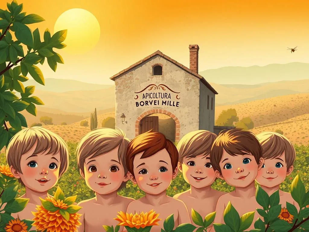 A vibrant and captivating illustration of "propoli bambini" (propolis children) against a warm, sun-drenched Italian backdrop. A group of young, playful figures composed in the foreground, their features and expressions radiating a sense of wonder and curiosity. Soft, golden lighting filters through the scene, casting a gentle glow and highlighting the delicate, natural tones of their skin and the verdant foliage surrounding them. In the middle ground, a rustic, weathered building with the APICOLTURA BORVEI MIELE logo prominently displayed, hinting at the artisanal, authentic nature of the propolis. The background maintains a sense of depth and tranquility, with rolling hills and a cloudless sky to complete the idyllic, Italian countryside setting.