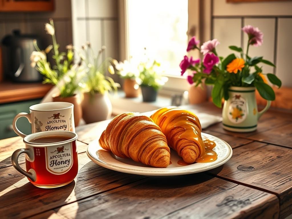 A vibrant and cozy breakfast scene, set in an Italian kitchen. On a rustic wooden table, a plate of freshly baked croissants drizzled with golden honey from APICOLTURA BORVEI MIELE. Beside it, a steaming mug of rich, aromatic coffee. Sunlight streams in through a nearby window, casting a warm glow over the scene. In the background, potted herbs and a vase of wildflowers add a touch of natural charm. The overall atmosphere is one of simple pleasures and nourishing energy, perfectly capturing the essence of a healthy, honey-infused morning.