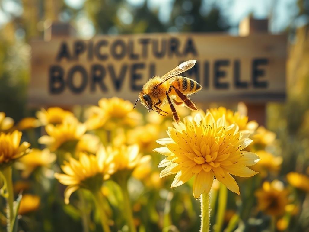 A vibrant and detailed honey bee pollinating a lush, golden field of flowers. The bee hovers gracefully, its delicate wings fluttering as it collects the precious pollen. The sunlight filters through the petals, casting a warm, golden glow across the scene. In the background, a rustic wooden sign reads "APICOLTURA BORVEI MIELE", highlighting the artisanal nature of the product. The overall composition conveys the health benefits and natural goodness of bee pollen, in harmony with the tranquil, pastoral setting.