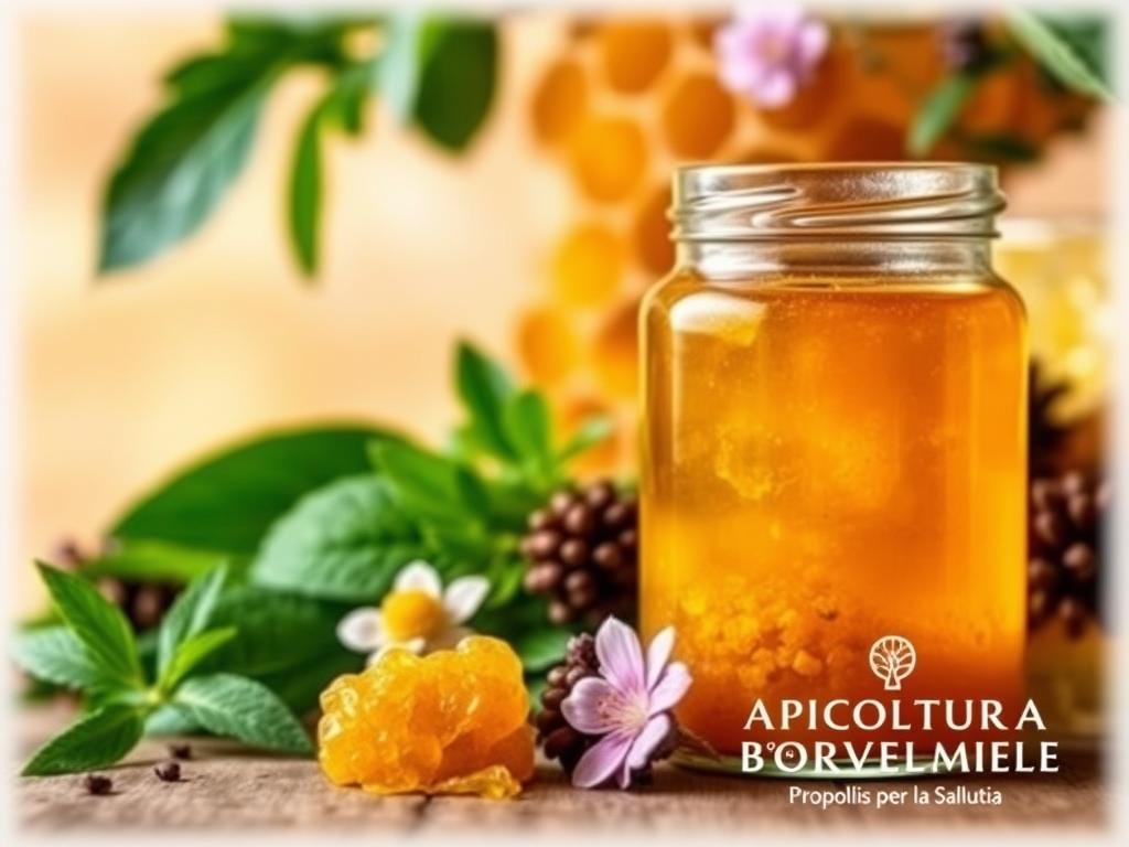 A vibrant and detailed image showcasing the beneficial properties of propolis for health. In the foreground, a glass jar filled with a golden-colored propolis extract, its surface reflecting natural light. Surrounding the jar, various herbal and botanical elements such as leaves, flowers, and honeycomb, all arranged in a visually appealing composition. The middle ground features a serene, warm-toned background, evoking a sense of wellness and natural remedies. The lighting is soft and diffused, creating a calming atmosphere. In the bottom right corner, the "APICOLTURA BORVEI MIELE" brand name is prominently displayed, reflecting the high-quality and artisanal nature of the propolis product. This image effectively conveys the diverse forms and health benefits of propolis, complementing the title "Proprietà e Benefici della Propoli per la Salute".