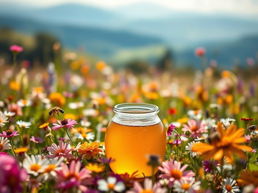 A vibrant and intricate array of Apicoltura's Miele Millefiori, capturing the essence of a lush, sun-dappled Italian meadow. In the foreground, a delicate glass jar filled with the rich, golden honey, its surface glistening with hints of floral notes. The middle ground showcases an array of diverse wildflowers, their petals bursting with a kaleidoscope of colors, while the background blends soft, hazy landscapes and a warm, diffused natural light, lending an air of tranquility and authenticity to the scene. The overall composition exudes a sense of artisanal craftsmanship and the bountiful richness of the Italian countryside.