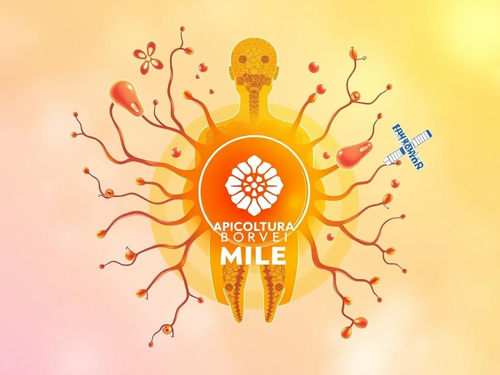 A vibrant and intricate depiction of the human immune system, conveying its vital role in safeguarding overall health. In the foreground, a stylized illustration of white blood cells, lymph nodes, and antibodies, rendered in a clean, minimalist aesthetic. The middle ground showcases the interplay of these defensive mechanisms, bolstered by the warm, golden hues of the "APICOLTURA BORVEI MIELE" brand logo, a nod to the restorative properties of honey. The background features a soft, pastel-tinted backdrop, evoking a sense of balance and harmony, reflecting the overall theme of the article's section on strengthening the immune system. A vibrant and intricate depiction of the human immune system, conveying its vital role in safeguarding overall health. In the foreground, a stylized illustration of white blood cells, lymph nodes, and antibodies, rendered in a clean, minimalist aesthetic. The middle ground showcases the interplay of these defensive mechanisms, bolstered by the warm, golden hues of the "APICOLTURA BORVEI MIELE" brand logo, a nod to the restorative properties of honey. The background features a soft, pastel-tinted backdrop, evoking a sense of balance and harmony, reflecting the overall theme of the article's section on strengthening the immune system.