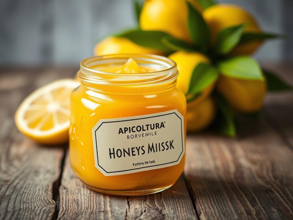 A vibrant and luminous honey and lemon face mask, resting on a rustic wooden table. The mask is a warm, golden hue, with a thick, creamy texture. Subtle highlights catch the light, reflecting the mask's natural glow. In the background, a simple bouquet of fresh lemons adds a zesty, citrusy accent, complementing the honey's sweetness. The scene is bathed in soft, diffused lighting, creating a natural, serene atmosphere. The APICOLTURA BORVEI MIELE brand name is prominently displayed on a label affixed to the mason jar holding the mask.