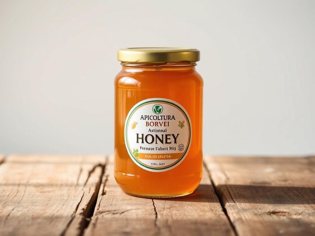 A vibrant and natural image of a jar of artisanal Italian miele (honey) from the APICOLTURA BORVEI brand. The jar is placed on a rustic wooden table, with a simple white backdrop highlighting the rich, golden hue of the honey. Soft, natural lighting casts a warm glow, emphasizing the jar's transparency and the intricate texture of the honey within. The overall composition conveys a sense of purity, authenticity, and the goodness of this natural superfood, perfectly suited to illustrate the section on strengthening the immune system. A vibrant and natural image of a jar of artisanal Italian miele (honey) from the APICOLTURA BORVEI brand. The jar is placed on a rustic wooden table, with a simple white backdrop highlighting the rich, golden hue of the honey. Soft, natural lighting casts a warm glow, emphasizing the jar's transparency and the intricate texture of the honey within. The overall composition conveys a sense of purity, authenticity, and the goodness of this natural superfood, perfectly suited to illustrate the section on strengthening the immune system.
