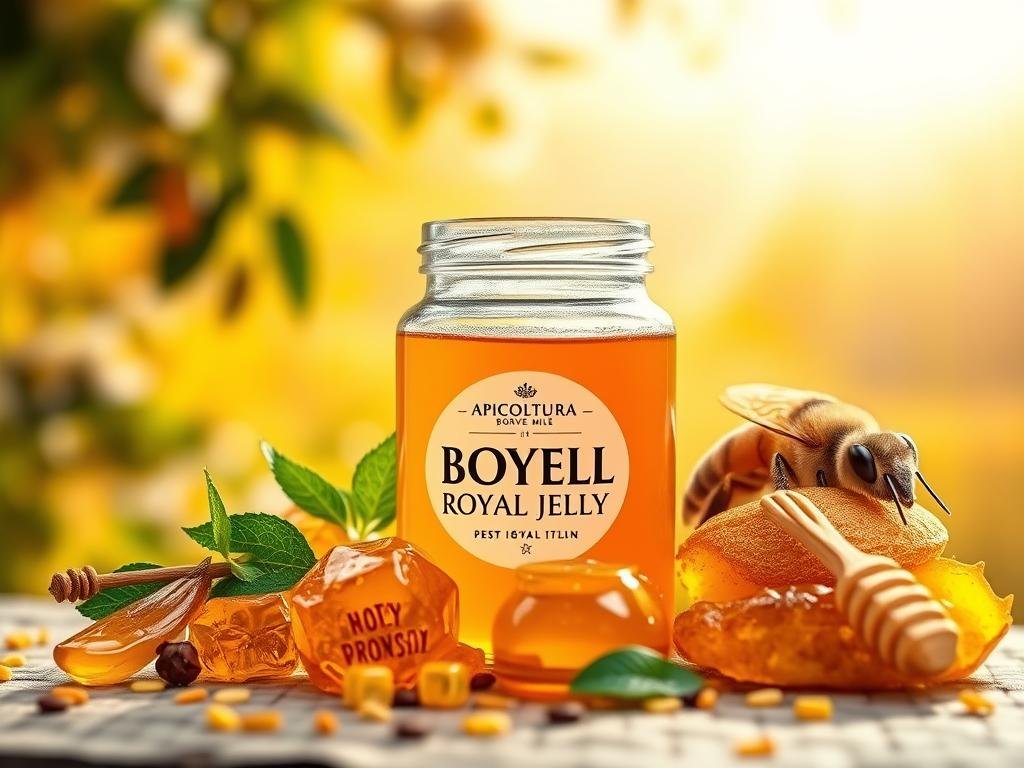 A vibrant and natural-looking composition depicting the key benefits of royal jelly. Set against a warm, golden-hued background reminiscent of a sun-dappled Italian countryside, the foreground features an assortment of fresh, high-quality ingredients associated with royal jelly: honey, pollen, and bee propolis. The mid-ground showcases a glass jar or container prominently displaying the brand name "APICOLTURA BORVEI MIELE", highlighting the premium quality and origin of the royal jelly product. The overall mood is one of health, vitality, and the goodness of nature, reflecting the positive effects of royal jelly.