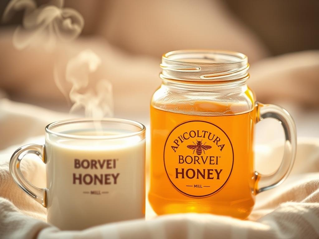 A vibrant and soothing scene depicting a glass jar filled with golden honey, accompanied by a steaming mug of warm milk. The jar is embellished with the label "APICOLTURA BORVEI MIELE", reflecting the traditional Italian apiculture. The mug emits a comforting steam, hinting at the soothing and restorative properties of the honey and milk mixture. The composition is set against a soft, blurred background, creating a sense of cozy intimacy. The lighting is warm and inviting, gently illuminating the natural hues of the honey and the creamy texture of the milk. The overall atmosphere evokes a traditional, time-honored remedy for coughs and colds, in line with the article's subtitle "Miele e Latte per Combattere Tosse e Raffreddore".