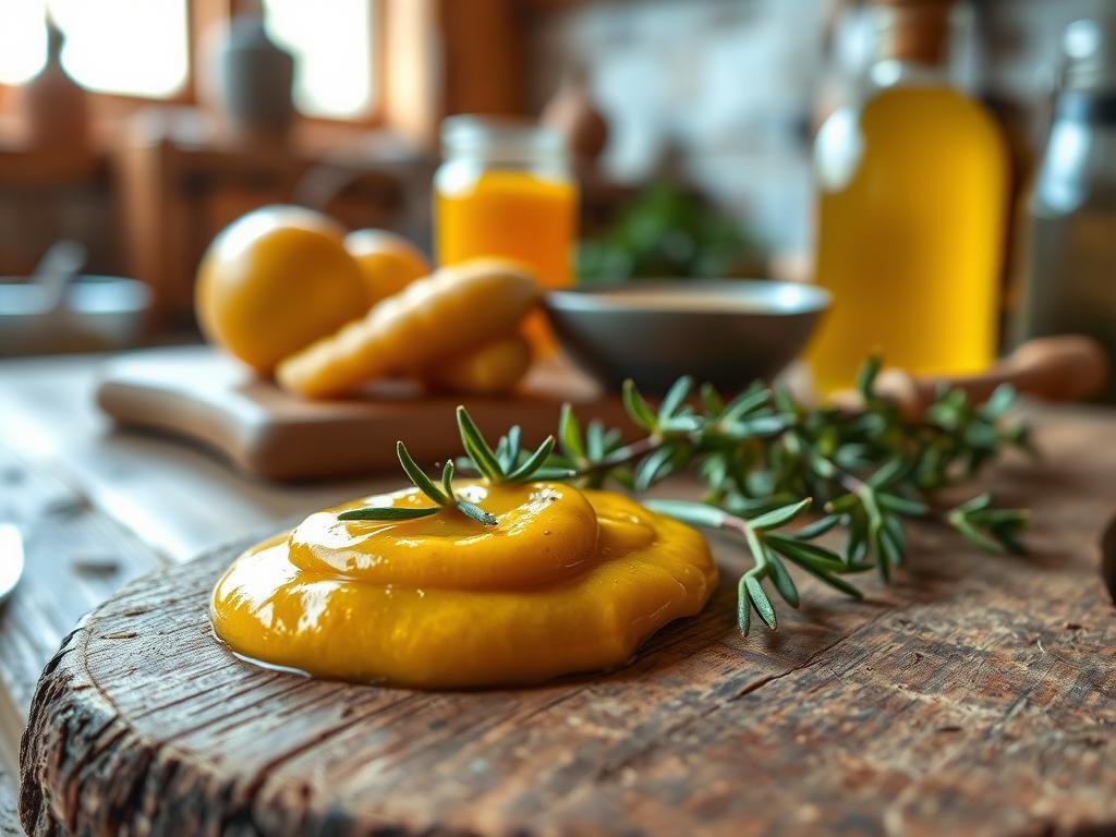 A vibrant and visually appealing condimento al miele e senape, presented in a rustic Italian setting. In the foreground, a delicate arrangement of golden honey and rich, glossy mustard, accented by a sprig of fresh thyme. The middle ground features a wooden board, weathered and textured, providing a natural backdrop. In the background, a glimpse of a traditional Italian kitchen, with warm, soft lighting casting a cozy glow. The overall mood is one of artisanal craftsmanship and authentic Italian culinary charm. APICOLTURA BORVEI MIELE.