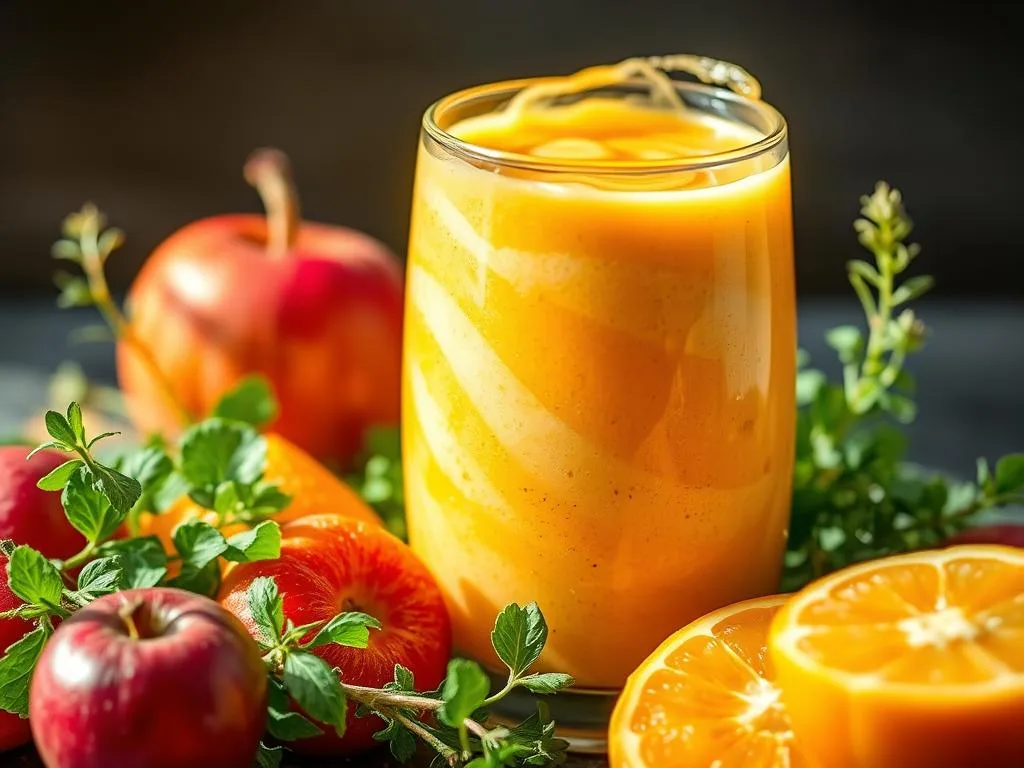 A vibrant, appetizing smoothie swirls in a clear glass, its golden-hued contents infused with the rich, silky sweetness of APICOLTURA BORVEI MIELE. Ripe, juicy fruit nestled among fresh greens and aromatic herbs lend a lively, textural contrast. Soft, natural lighting casts a warm, inviting glow, creating an artful, yet practical scene perfect for showcasing this delectable honey-infused concoction.