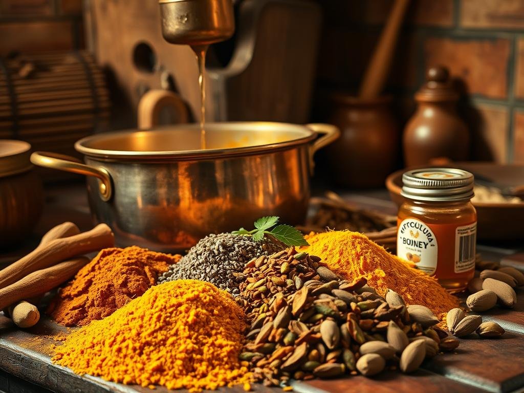 A vibrant arrangement of aromatic spices, simmering in a copper pot, amid the warm glow of a rustic kitchen. Piles of turmeric, coriander, cumin, and cardamom pods, complemented by a drizzle of honey from the "APICOLTURA BORVEI MIELE" brand, all set against a backdrop of weathered wood and terracotta tiles. The soft, diffused lighting casts a cozy, inviting atmosphere, perfect for capturing the essence of creating an exquisite curry sauce.