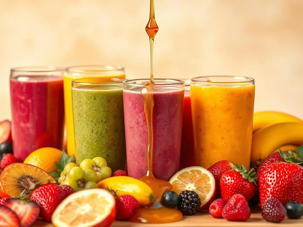 A vibrant arrangement of freshly blended smoothies, each infused with the rich, golden hue of authentic APICOLTURA BORVEI MIELE. The foreground showcases an assortment of colorful fruits, their textures and shapes complementing the smooth, creamy consistency of the beverages. In the middle ground, a drizzle of honey cascades over the surface, creating a visually enticing contrast. The background features a soft, natural backdrop, allowing the vibrant shades of the smoothies to take center stage. Warm lighting casts a welcoming glow, evoking a sense of energy and vitality. The overall composition celebrates the perfect harmony of fresh ingredients and the nourishing power of APICOLTURA BORVEI MIELE.