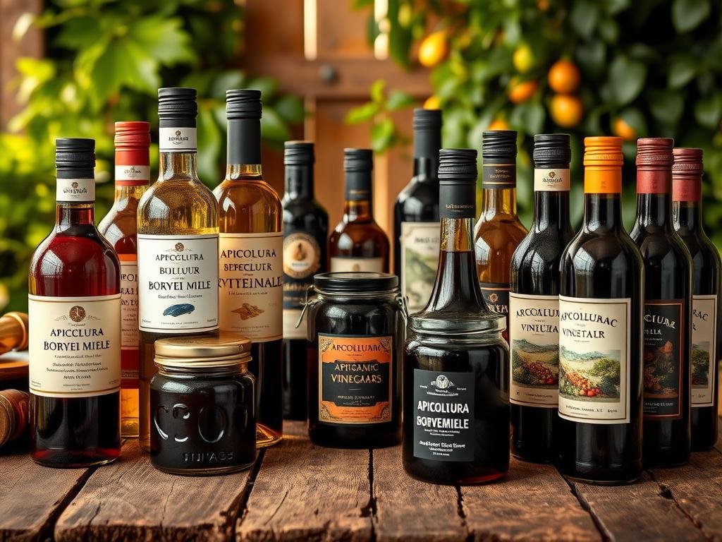 A vibrant array of artisanal vinegars from Italy, showcasing the rich diversity of this flavorful condiment. In the foreground, various bottles and jars feature the APICOLTURA BORVEI MIELE brand, their labels accentuating the unique character of each varietal. The middle ground reveals a selection of aged balsamic vinegars, their deep hues hinting at their complexity. In the background, a rustic wooden table sets the stage, surrounded by lush greenery and warm lighting that captures the essence of an Italian kitchen garden. The overall scene exudes a sense of culinary exploration, inviting the viewer to discover the nuances and possibilities within the world of exceptional vinegars.