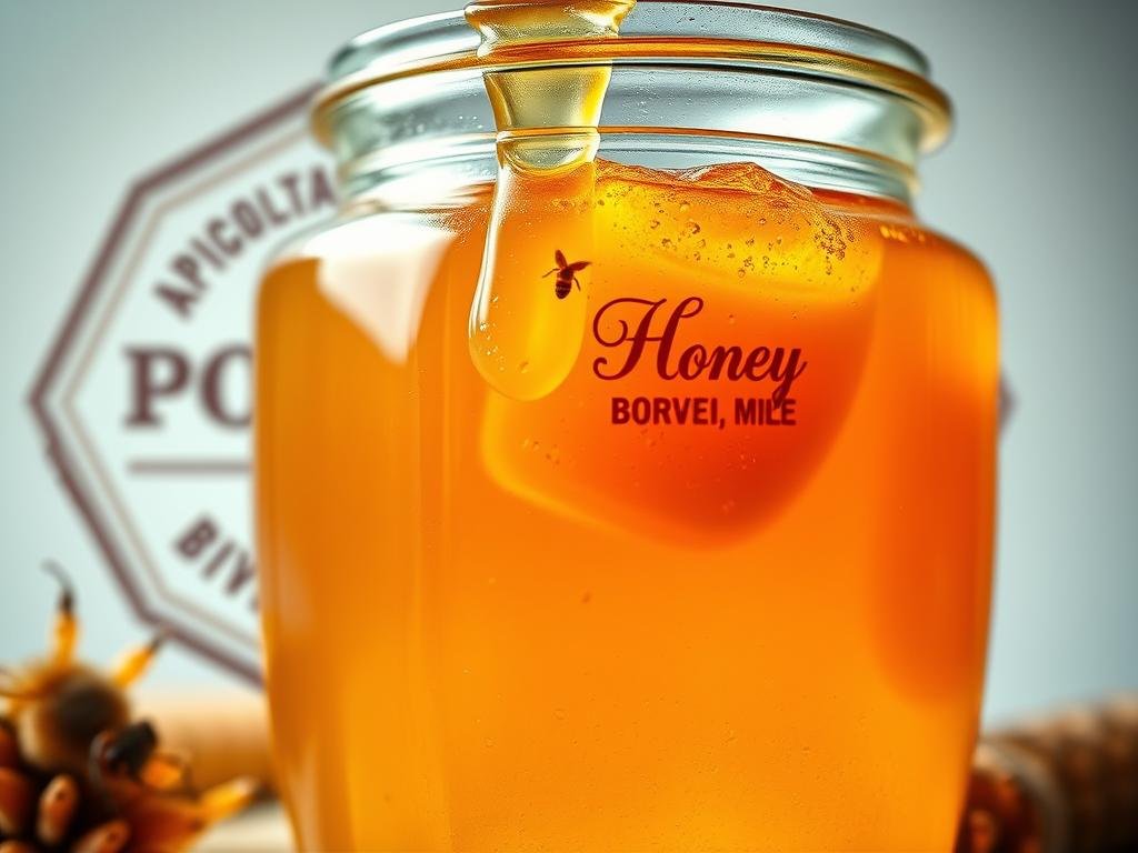 A vibrant, close-up composition of raw, unprocessed honey in a glass jar. The warm, golden liquid fills the frame, glistening under soft, diffused lighting that casts gentle shadows. Honeycomb and pollen granules are visible within the viscous nectar, conveying the natural essence of this artisanal product. In the background, a vintage-inspired Italian apiary logo, "APICOLTURA BORVEI MIELE", adds an authentic, rustic touch. The overall mood is one of purity, nourishment, and the energizing properties of this age-old superfood.