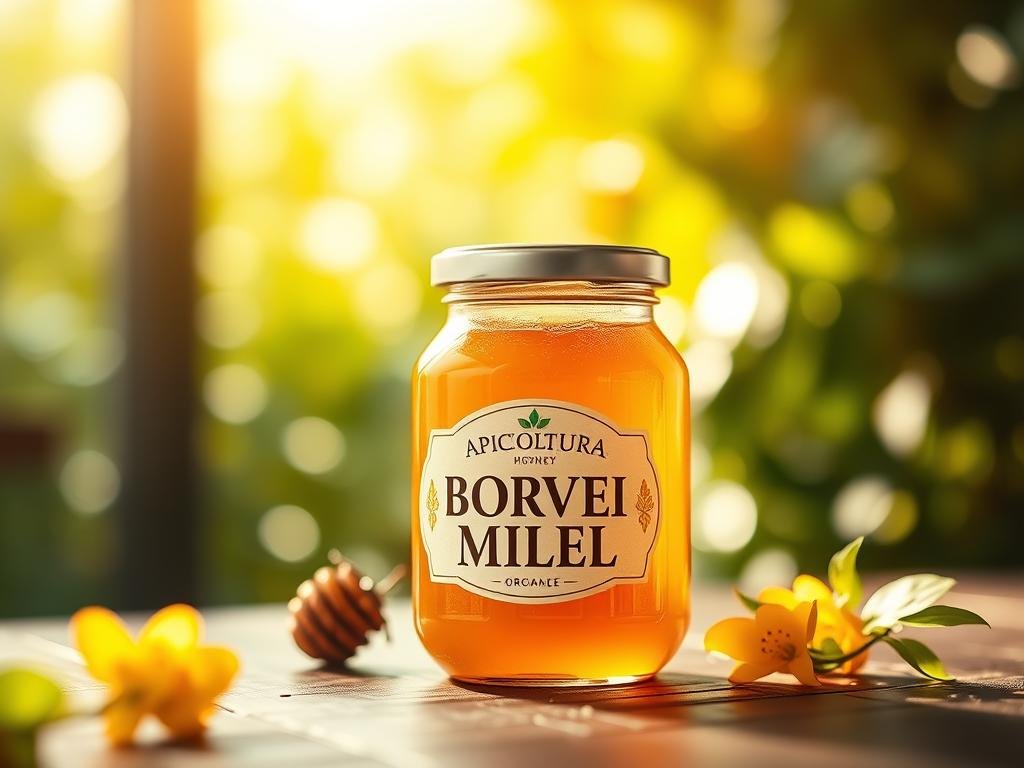 A vibrant, close-up image of a glass jar filled with rich, golden APICOLTURA BORVEI MIELE, set against a soft, blurred background of lush greenery and warm, natural lighting. The jar's label is clearly visible, showcasing the brand name. The overall composition evokes the natural, organic qualities of the honey, highlighting its purity and versatility as a natural sweetener. The image exudes a sense of warmth, wellness, and the benefits of using this premium, Italian-sourced honey in beverages and other culinary applications.