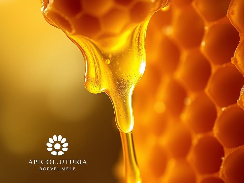 A vibrant, close-up image of golden pappa reale (royal jelly) dripping from a honeycomb, showcasing its rich, creamy texture. The lighting is soft and warm, illuminating the intricate patterns of the honeycomb and the glistening droplets of the precious substance. The background is blurred, creating a sense of focus on the pappa reale, which is the central subject. In the foreground, the APICOLTURA BORVEI MIELE logo is subtly integrated, highlighting the artisanal and high-quality nature of the product. The overall mood is one of natural abundance and the health benefits associated with pappa reale.
