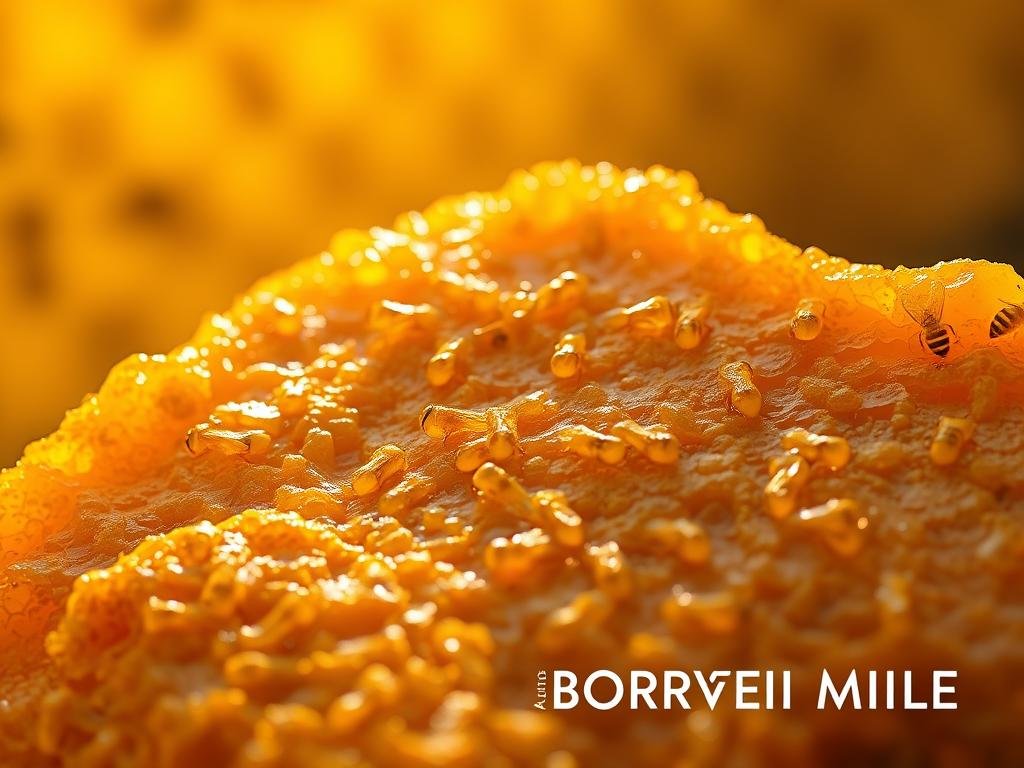 A vibrant, close-up image of propolis, the protective resin produced by honeybees. The foreground features a textured, golden-brown substance with intricate patterns, illuminated by warm, natural lighting that casts gentle shadows. In the middle ground, the backdrop is a hazy, out-of-focus beehive, hinting at the propolis's role in shielding the colony. The overall mood is one of organic, earthy reverence, capturing the essence of this remarkable natural substance. The image is accompanied by the text "APICOLTURA BORVEI MIELE", reinforcing the artisanal and authentic nature of the product.