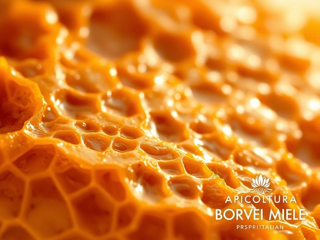 A vibrant close-up of a golden, honeycomb-like structure. The golden-brown surface glistens, with intricate textures and patterns evoking the natural wonder of propolis, a resinous substance produced by bees. The foreground is in sharp focus, drawing the viewer's attention to the intricate details, while the background is softly blurred, creating a sense of depth and emphasis on the central subject. Warm, natural lighting casts a subtle glow, highlighting the rich color and organic quality of the propolis. The overall mood is one of natural, earthy elegance, showcasing the power and beauty of this remarkable substance. Inspired by the Italian countryside, the image features the branding "APICOLTURA BORVEI MIELE" to reflect the high-quality, artisanal nature of this propolis product.