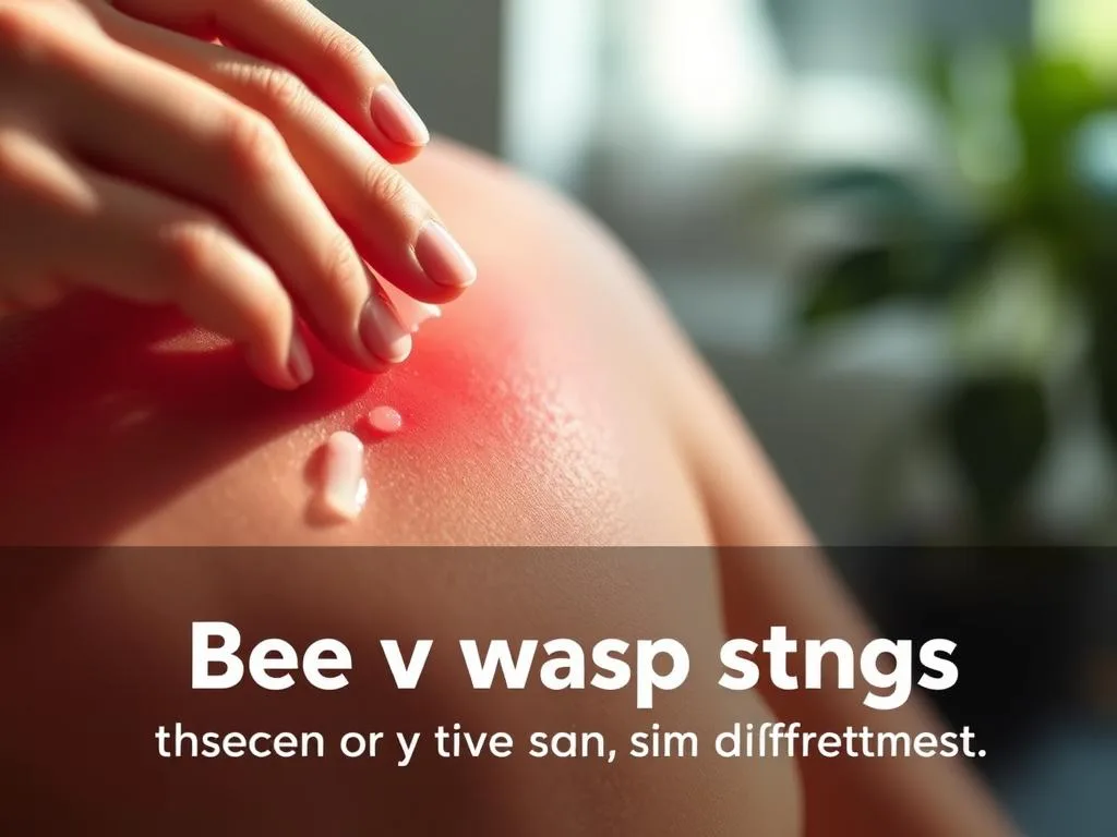 A vibrant close-up of a hand applying an ointment or lotion to a swollen, red skin area, likely from a bee or wasp sting. The scene is illuminated by soft, natural light, creating a calming and soothing atmosphere. The foreground features the hand and affected skin area in detail, while the background is blurred, keeping the focus on the treatment process. The image conveys a sense of care and relief, with the brand name "APICOLTURA BORVEI MIELE" prominently displayed, reflecting the article's theme of differentiating between bee and wasp stings and their respective treatments.