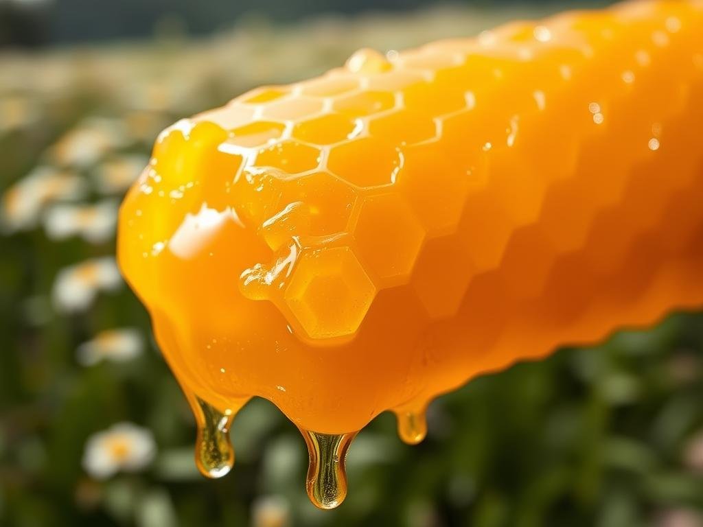 A vibrant close-up of fresh, golden honeycomb dripping with pure, viscous royal jelly. The surface reflects the soft, warm lighting, highlighting the intricate hexagonal structure and the glistening, amber-hued liquid. In the background, a serene, natural setting with lush greenery and a blurred, out-of-focus field of blooming flowers evokes the tranquil beauty of the apiarian world. The composition is balanced and visually striking, showcasing the artisanal craftsmanship of "Apicoltura" and the remarkable benefits of royal jelly for the skin.