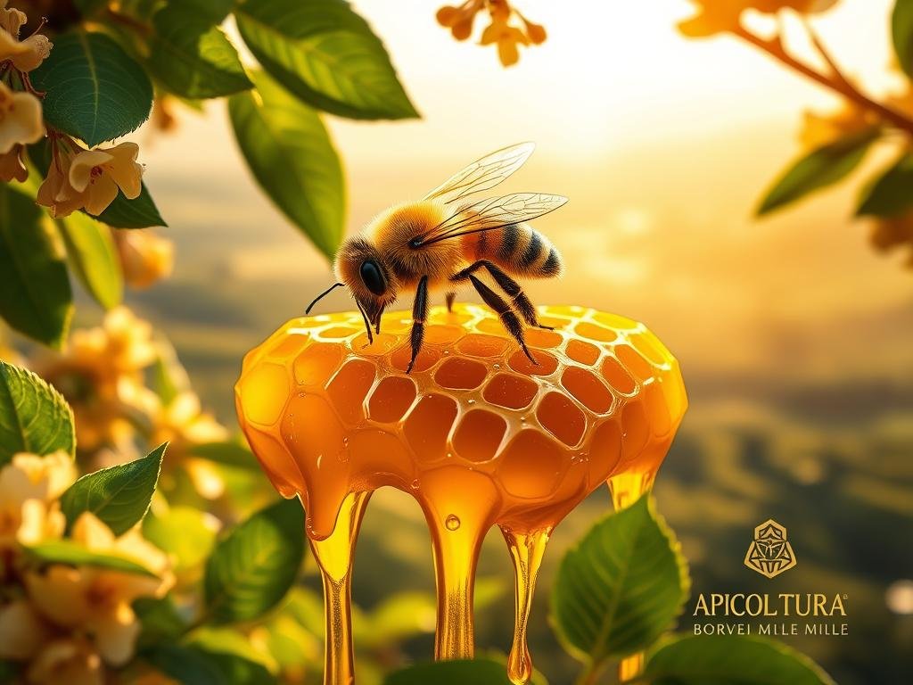 A vibrant close-up of golden honey dripping from a honeycomb, surrounded by lush green leaves and blossoms. In the center, a regal queen bee rests atop the comb, her intricate wings shimmering. The background is a soft, hazy landscape, with rolling hills and a warm, golden light filtering through the scene. The overall mood is one of natural harmony and the restorative power of nature, evoking feelings of vitality and wellness. Inspired by the Italian beekeeping brand APICOLTURA BORVEI MIELE, this image perfectly captures the essence of "Pappa Reale e Sistema Immunitario".