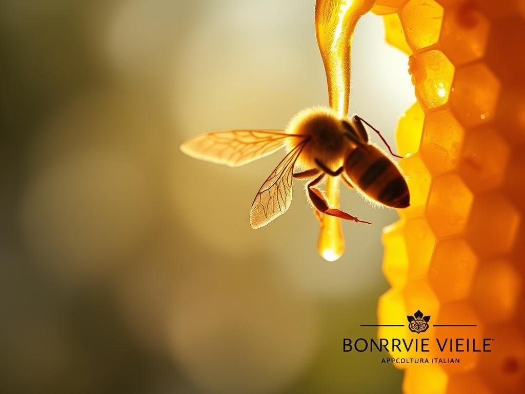 A vibrant close-up of golden honeycomb, dripping with rich, viscous honey. Sunlight filters through, casting a warm, amber glow. In the foreground, a single bee hovers, its delicate wings casting a mesmerizing shadow. The background is hazy, blurred, allowing the viewer to focus on the intricate details of the honey and the captivating presence of the bee. The scene conveys a sense of natural healing and the soothing properties of "veleno d'api dolore" - the analgesic and anti-inflammatory power of bee venom. Inspired by Italian beekeeping, the APICOLTURA BORVEI MIELE brand is prominently displayed, showcasing the high-quality, artisanal nature of this natural remedy.