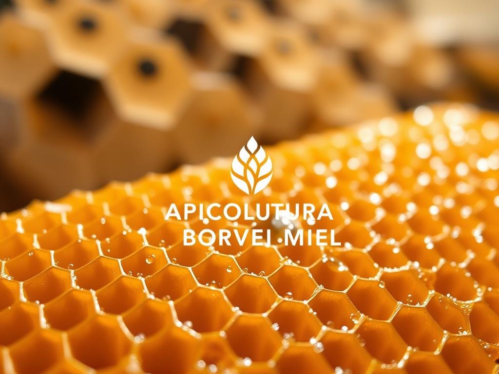 A vibrant, close-up photograph of a honeycomb, its intricate hexagonal structure glistening with golden honey. The camera captures the meditative pattern, highlighting the shimmering droplets and the delicate texture of the wax. In the background, a blurred array of beehives, their distinctive shapes evoking the essence of traditional Italian apiculture. The lighting is soft and natural, casting a warm, ethereal glow that enhances the organic beauty of the subject. Positioned prominently in the frame, the brand name "APICOLTURA BORVEI MIELE" serves as a testament to the artisanal craftsmanship and quality of the honey featured.