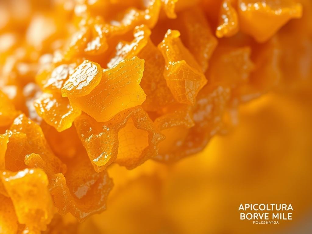 A vibrant, close-up photograph of benefici propoli, the valuable resinous substance collected by honeybees. The propoli appears golden-brown in color, with intricate textures and a glistening sheen. The image is set against a soft, blurred background, creating a sense of focus and clarity on the propoli. Warm, directional lighting illuminates the material, casting subtle shadows and highlights that enhance its natural beauty. The composition is balanced and symmetrical, showcasing the propoli's organic forms and patterns. In the lower right corner, the APICOLTURA BORVEI MIELE logo is discretely displayed, adding a touch of authenticity. This image perfectly captures the essence of propoli and its potential benefits, as described in the article's "Utilizzo della Propoli in Specifiche Condizioni di Salute" section.