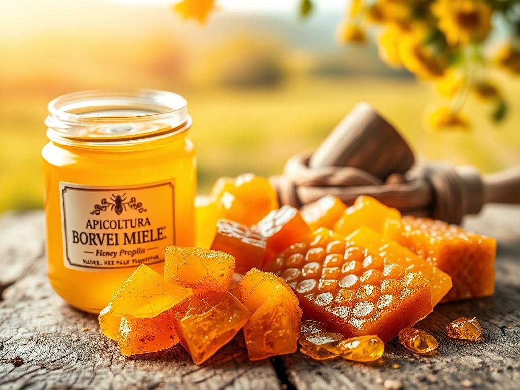 A vibrant, close-up shot of various honey-colored propolis samples arranged on a rustic wooden surface. Warm, natural lighting illuminates the textured, waxy appearance of the propolis, highlighting its rich, amber hues. In the foreground, a jar with the "APICOLTURA BORVEI MIELE" brand label prominently displayed. The middle ground features a scattered arrangement of propolis pieces, some cut open to reveal their intricate, resinous interior. The background blends a soft, out-of-focus Italian countryside landscape, evoking a sense of purity and wellness. The overall composition conveys the therapeutic properties of propolis and its potential benefits for general health.