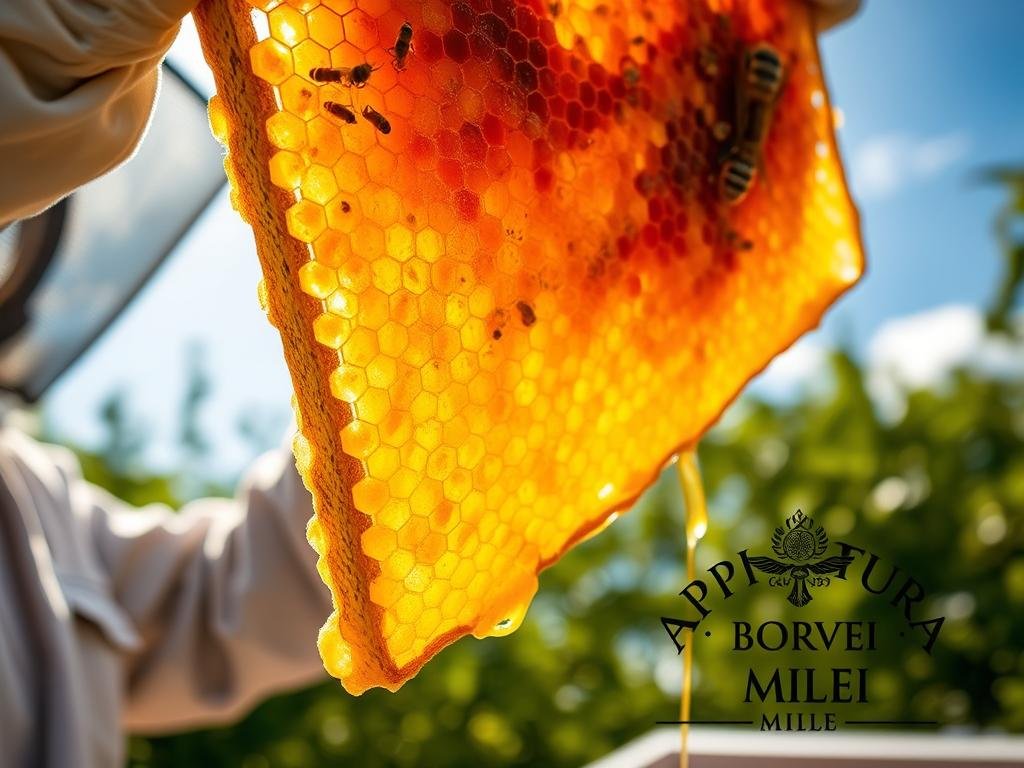 A vibrant, close-up view of a honeycomb frame filled with golden, viscous miele (honey) in the process of being harvested. The frame is held by a beekeeper in protective gear, against a backdrop of lush, green foliage and an azure sky. The lighting is soft and natural, highlighting the intricate patterns and textures of the honeycomb. In the foreground, the iconic APICOLTURA BORVEI MIELE logo is visible, adding a sense of authenticity and craftsmanship. The overall atmosphere conveys the care and tradition involved in the production of this artisanal Italian product.