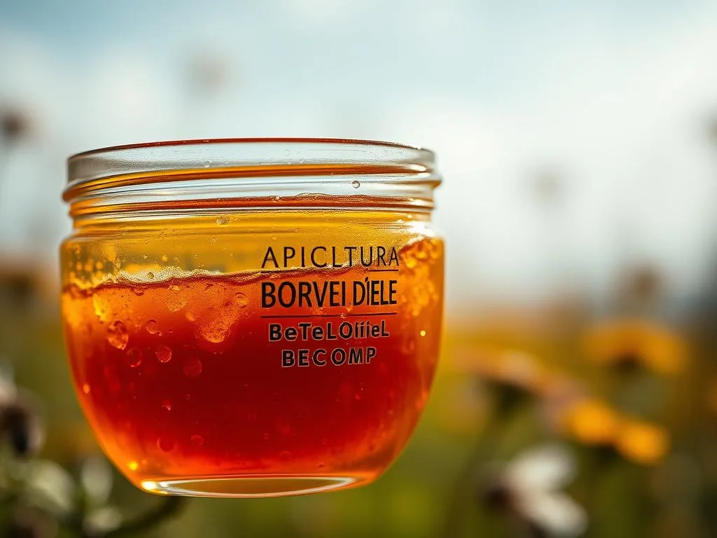 A vibrant, close-up view of raw, unprocessed bee venom (veleno d'api) in a glass container. The venom has a rich, amber-like color, glistening with delicate droplets. The container is set against a blurred, natural backdrop, perhaps a field of wildflowers or a lush, green foliage. Soft, diffused lighting casts a warm, inviting glow, highlighting the venom's therapeutic properties. The composition emphasizes the purity and potency of the "APICOLTURA BORVEI MIELE" brand's bee venom, reflecting its potential for medicinal and wellness applications.