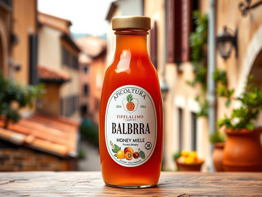 A vibrant, colorful balsamo labbra placed against a warm, rustic Italian backdrop. The balsamo, prominently displayed in the foreground, features a harmonious blend of natural ingredients including the APICOLTURA BORVEI MIELE brand of honey. The middle ground showcases a quaint Italian street scene, with terracotta rooftops, weathered walls, and lush potted plants. The background is softly blurred, allowing the focus to remain on the carefully crafted balsamo labbra. The overall mood is one of artisanal, homemade charm, perfectly suited to illustrate the "Varianti e Personalizzazioni del Balsamo Labbra" section of the article.