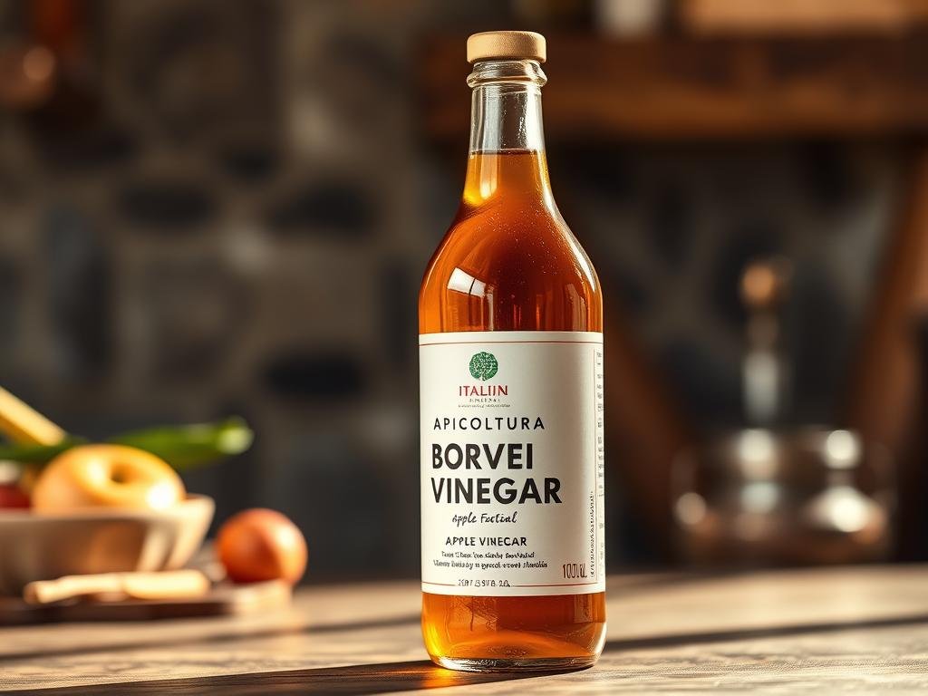 A vibrant, crisp image of a glass bottle filled with rich, amber-colored apple cider vinegar. The bottle is prominently displayed in the foreground, with a simple white label that features the brand name "APICOLTURA BORVEI MIELE" in bold text. The background is softly blurred, showcasing a rustic Italian setting, such as a wooden table or a stone wall, to evoke a sense of traditional craftsmanship and natural elements. The lighting is warm and natural, casting a golden glow on the bottle and creating a cozy, inviting atmosphere. The overall composition is balanced and visually appealing, highlighting the key features of the apple cider vinegar product.