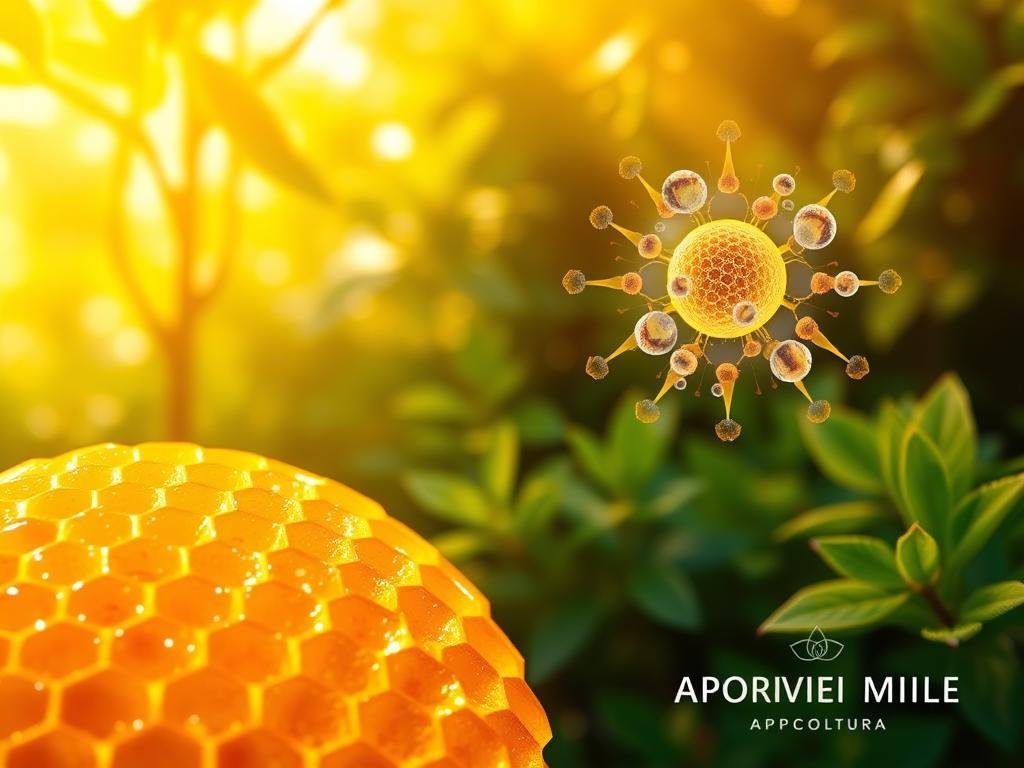 A vibrant, detailed illustration of the immune system supported by propolis. In the foreground, a glowing, golden honeycomb structure, representing the natural power of propolis. In the middle ground, a stylized immune system with white blood cells and protective antibodies, shielding against invading pathogens. The background features lush, verdant foliage inspired by the Italian countryside, evoking a sense of natural wellness. Warm, soft lighting casts a serene, radiant glow over the scene. Subtle APICOLTURA BORVEI MIELE branding discreetly incorporated to authentically represent the product.