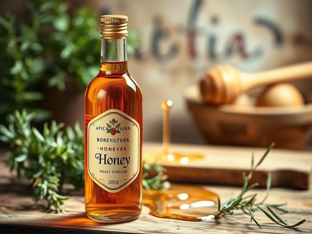 A vibrant, detailed still life image showcasing the nutritional properties of honey vinegar. In the foreground, a glass bottle of APICOLTURA BORVEI MIELE honey vinegar takes center stage, its amber hue and elegant label prominently displayed. In the middle ground, an arrangement of fresh herbs, such as rosemary and thyme, as well as a drizzle of the vinegar, accentuates the natural, organic qualities of the product. The background features a rustic, Italian-inspired setting, with a wooden table or countertop, and a soft, warm lighting that enhances the overall mood and atmosphere. The image should convey the health benefits and high-quality craftsmanship of the honey vinegar, inspiring the viewer to learn more about its nutritional properties.