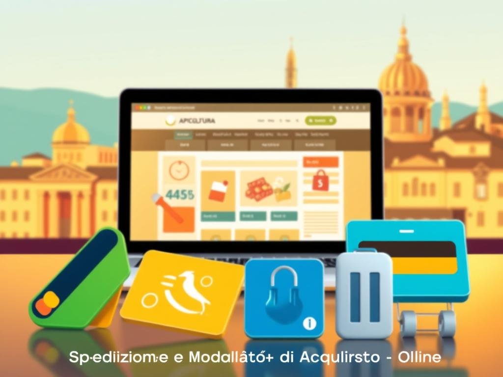 A vibrant digital illustration showcasing an online payment process. In the foreground, various payment method icons are prominently displayed, including credit cards, mobile wallets, and bank transfer options. The middle ground features a stylized e-commerce website, with the APICOLTURA BORVEI MIELE brand prominently featured. The background depicts an Italian cityscape, with iconic architecture and landmarks visible, conveying a sense of security and trust in the online shopping experience. The lighting is warm and inviting, creating a welcoming atmosphere. The overall composition is clean, modern, and visually striking, perfectly suited to illustrate the "Spedizione e Modalità di Acquisto Online" section of the article.