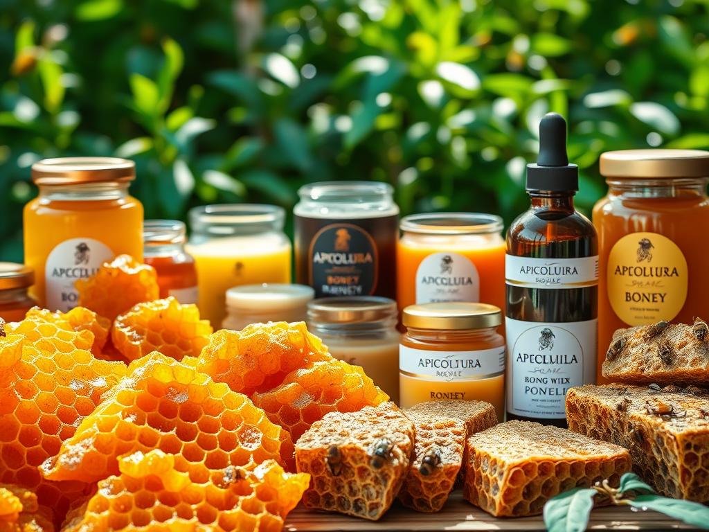 A vibrant display of the diverse array of beehive products, showcasing the rich offerings of APICOLTURA BORVEI MIELE. In the foreground, a selection of golden, glistening honeycombs, their intricate structures punctuated by the warm glow of natural light. In the middle ground, glass jars brimming with the honey's amber hues, accompanied by fragrant beeswax candles and propolis tinctures. The background features a lush, verdant backdrop, hinting at the thriving ecosystem from which these treasures are harvested. The scene exudes a sense of natural abundance and the artisanal craftsmanship that goes into the creation of these prized products. A vibrant display of the diverse array of beehive products, showcasing the rich offerings of APICOLTURA BORVEI MIELE. In the foreground, a selection of golden, glistening honeycombs, their intricate structures punctuated by the warm glow of natural light. In the middle ground, glass jars brimming with the honey's amber hues, accompanied by fragrant beeswax candles and propolis tinctures. The background features a lush, verdant backdrop, hinting at the thriving ecosystem from which these treasures are harvested. The scene exudes a sense of natural abundance and the artisanal craftsmanship that goes into the creation of these prized products.
