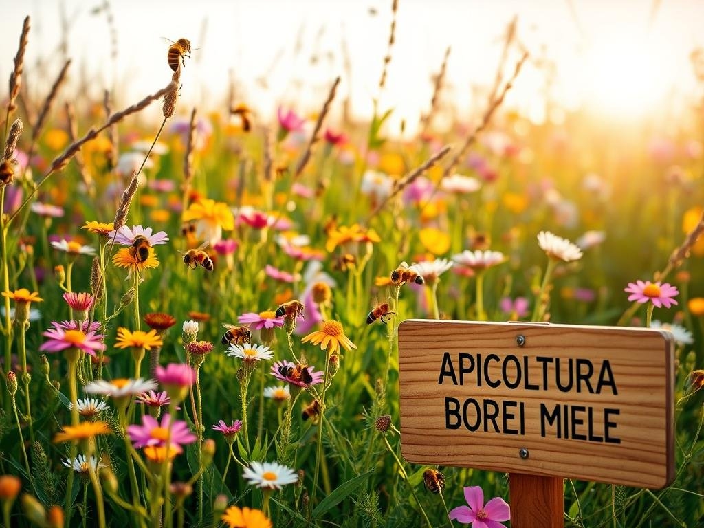 A vibrant field of wildflowers, their petals swaying gently in the breeze. Amidst the colorful blooms, a cluster of honeybees busily collect nectar, their bodies dusted with pollen. The sun's warm rays filter through the verdant foliage, casting a soft, golden glow over the tranquil scene. In the foreground, a wooden sign featuring the brand name "APICOLTURA BORVEI MIELE" stands as a testament to the importance of these wild plants for the survival of the bees. Captured with a wide-angle lens, this image beautifully illustrates the harmonious relationship between the native flora and the crucial pollinators that sustain it.