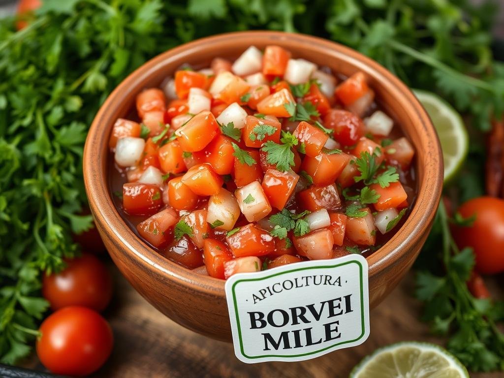 A vibrant, freshly prepared salsa, with diced tomatoes, onions, cilantro, lime juice, and a hint of honey. The salsa is artfully arranged in a rustic ceramic bowl, set against a backdrop of lush, verdant herbs and spices. The lighting is soft and natural, highlighting the vivid colors and textures of the ingredients. In the foreground, a label for "APICOLTURA BORVEI MIELE" draws the eye, showcasing the honey's role in this flavorful creation. The overall atmosphere is one of warmth, authenticity, and the celebration of fresh, local flavors. A vibrant, freshly prepared salsa, with diced tomatoes, onions, cilantro, lime juice, and a hint of honey. The salsa is artfully arranged in a rustic ceramic bowl, set against a backdrop of lush, verdant herbs and spices. The lighting is soft and natural, highlighting the vivid colors and textures of the ingredients. In the foreground, a label for "APICOLTURA BORVEI MIELE" draws the eye, showcasing the honey's role in this flavorful creation. The overall atmosphere is one of warmth, authenticity, and the celebration of fresh, local flavors.