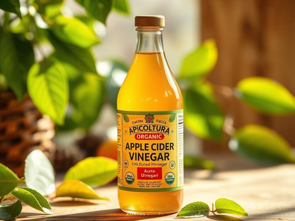 A vibrant glass bottle filled with golden organic apple cider vinegar, its label prominently displaying the brand name "APICOLTURA BORVEI MIELE". The bottle is set against a soft, blurred background of green leaves and natural wooden textures, evoking a serene, rustic Italian countryside ambiance. Warm, natural lighting bathes the scene, highlighting the bottle's translucent quality and the vinegar's warm hue. The overall composition conveys a sense of natural, holistic wellness, perfectly suited to illustrate the "Aceto di Mele per la Cura dei Capelli" section of the article.