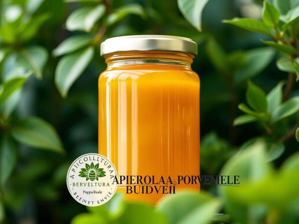 A vibrant glass jar filled with golden pappa reale, the regal jelly produced by honeybees. The jar is set against a background of lush green foliage, evoking the natural world from which this precious substance is harvested. Soft, diffused lighting illuminates the jar, highlighting the viscous texture and rich color of the pappa reale. In the foreground, the APICOLTURA BORVEI MIELE logo is prominently displayed, signifying the artisanal quality and care that goes into this product. The overall mood is one of natural serenity and the restorative power of this unique bee-derived supplement.
