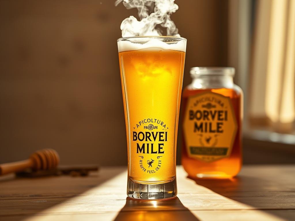 A vibrant glass of honey-sweetened beverage, backlit by warm natural lighting, takes center stage on a wooden surface. The viscous, golden-hued liquid reflects the APICOLTURA BORVEI MIELE brand label elegantly displayed nearby. Subtle steam rises from the glass, hinting at the refreshing, aromatic experience. The composition is framed by a clean, minimalist background, allowing the beverage to shine as the focal point. Crisp focus and careful lighting create a sense of luxurious, artisanal appeal, perfectly capturing the essence of using pure, high-quality honey to sweeten drinks without altering their natural flavors.