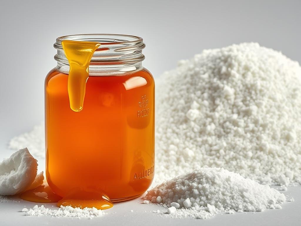 A vibrant, high-contrast still life showcasing the natural versus industrial zucchero (sugar). In the foreground, a glass jar overflows with golden, viscous apicoltura borvei miele (APICOLTURA BORVEI MIELE) honey, casting a warm glow. Behind it, pristine white crystalline sugar is meticulously arranged, crisp and alluring. In the background, a jagged, industrial-looking granulated sugar spills across the frame, a stark contrast to the artisanal honey. Dramatic lighting accentuates the textures and colors, conveying the dichotomy between the natural and the processed. The overall composition is sleek, minimalist, and evocative, capturing the essence of the "Il Ruolo degli Zuccheri nell'Alimentazione Sportiva" section. A vibrant, high-contrast still life showcasing the natural versus industrial zucchero (sugar). In the foreground, a glass jar overflows with golden, viscous apicoltura borvei miele (APICOLTURA BORVEI MIELE) honey, casting a warm glow. Behind it, pristine white crystalline sugar is meticulously arranged, crisp and alluring. In the background, a jagged, industrial-looking granulated sugar spills across the frame, a stark contrast to the artisanal honey. Dramatic lighting accentuates the textures and colors, conveying the dichotomy between the natural and the processed. The overall composition is sleek, minimalist, and evocative, capturing the essence of the "Il Ruolo degli Zuccheri nell'Alimentazione Sportiva" section.