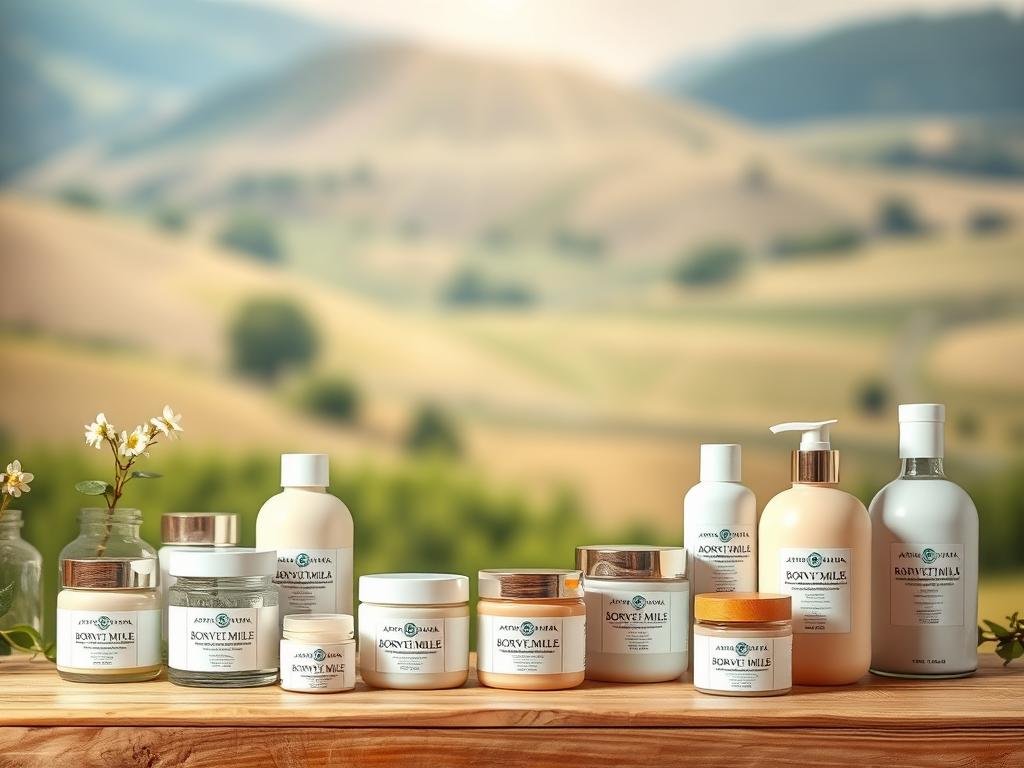 A vibrant, high-quality still life scene depicting a selection of non-comedogenic skin care products. The foreground showcases a range of jars, bottles, and containers in soft pastel hues, arranged artfully on a natural wooden surface. The middle ground features a central image of the "APICOLTURA BORVEI MIELE" brand, prominently displayed. The background is a blurred, ethereal landscape inspired by the Italian countryside, with soft light filtering through. The overall mood is one of natural, organic beauty, emphasizing the non-comedogenic nature of the products. The composition is balanced and aesthetically pleasing, capturing the essence of the "Alternative Non Comedogeniche alla Cera d'Api" section.