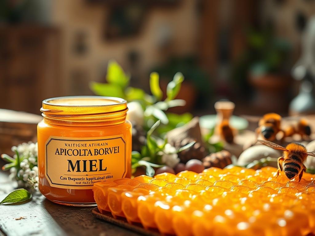 A vibrant, high-resolution image of a variety of bee-derived therapeutic applications, including a jar labeled "APICOLTURA BORVEI MIELE" showcasing the brand. In the foreground, a close-up of a honeycomb structure, with the rich, golden cera d'api glistening under warm, natural lighting. The middle ground features various herbal and botanical elements, hinting at the medicinal and skincare uses of this natural wax. In the background, a soft, blurred backdrop of a cozy, rustic Italian setting, echoing the artisanal and traditional nature of these applications. The overall mood is one of wellness, purity, and the harmonious relationship between nature and human well-being. A vibrant, high-resolution image of a variety of bee-derived therapeutic applications, including a jar labeled "APICOLTURA BORVEI MIELE" showcasing the brand. In the foreground, a close-up of a honeycomb structure, with the rich, golden cera d'api glistening under warm, natural lighting. The middle ground features various herbal and botanical elements, hinting at the medicinal and skincare uses of this natural wax. In the background, a soft, blurred backdrop of a cozy, rustic Italian setting, echoing the artisanal and traditional nature of these applications. The overall mood is one of wellness, purity, and the harmonious relationship between nature and human well-being.