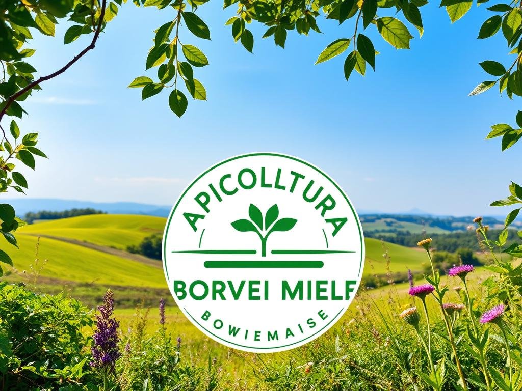 A vibrant, high-resolution image of the "APICOLTURA BORVEI MIELE" brand's organic certification logo against a backdrop of lush, verdant foliage. The logo is prominently displayed in the foreground, with intricate details and a clean, modern aesthetic. The middle ground features a serene, pastoral scene with rolling hills, wildflowers, and a clear blue sky. The background subtly incorporates natural textures and patterns inspired by Italian landscapes, creating a cohesive and visually striking composition. The overall mood is one of purity, quality, and a deep connection to the natural world. A vibrant, high-resolution image of the "APICOLTURA BORVEI MIELE" brand's organic certification logo against a backdrop of lush, verdant foliage. The logo is prominently displayed in the foreground, with intricate details and a clean, modern aesthetic. The middle ground features a serene, pastoral scene with rolling hills, wildflowers, and a clear blue sky. The background subtly incorporates natural textures and patterns inspired by Italian landscapes, creating a cohesive and visually striking composition. The overall mood is one of purity, quality, and a deep connection to the natural world.
