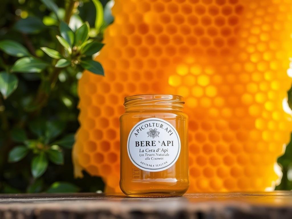 A vibrant honeycomb filled with golden, viscous cera d'api (beeswax) glistens against a backdrop of lush, verdant foliage. The wax's intricate, organic patterns catch the warm, soft light, casting delicate shadows that accentuate its natural beauty. In the foreground, a glass jar proudly displays the label "APICOLTURA BORVEI MIELE", showcasing the premium quality of this artisanal Italian product. The overall scene conveys a sense of purity, tradition, and the harmonious intersection of nature and human craftsmanship, perfectly embodying the essence of "La Cera d'Api: Un Tesoro Naturale della Cosmesi". A vibrant honeycomb filled with golden, viscous cera d'api (beeswax) glistens against a backdrop of lush, verdant foliage. The wax's intricate, organic patterns catch the warm, soft light, casting delicate shadows that accentuate its natural beauty. In the foreground, a glass jar proudly displays the label "APICOLTURA BORVEI MIELE", showcasing the premium quality of this artisanal Italian product. The overall scene conveys a sense of purity, tradition, and the harmonious intersection of nature and human craftsmanship, perfectly embodying the essence of "La Cera d'Api: Un Tesoro Naturale della Cosmesi".