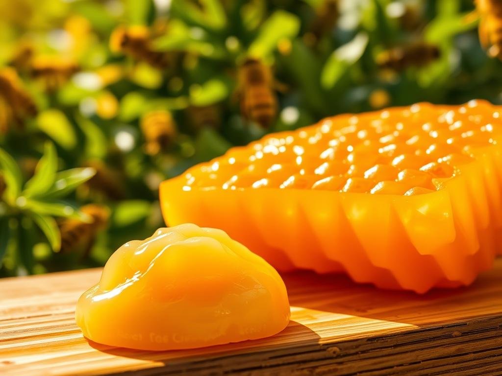 A vibrant honeycomb filled with golden, viscous honey, glistening under the warm, natural light. In the foreground, a large dollop of creamy, translucent beeswax rests on a smooth, wooden surface, reflecting the warm tones of the honey. The background features lush, verdant foliage, hinting at the thriving apiary from which this precious cera d'api originates. The image conveys the purity, nourishment, and restorative properties of this natural ingredient, perfect for APICOLTURA BORVEI MIELE's high-quality, skin-enhancing products.
